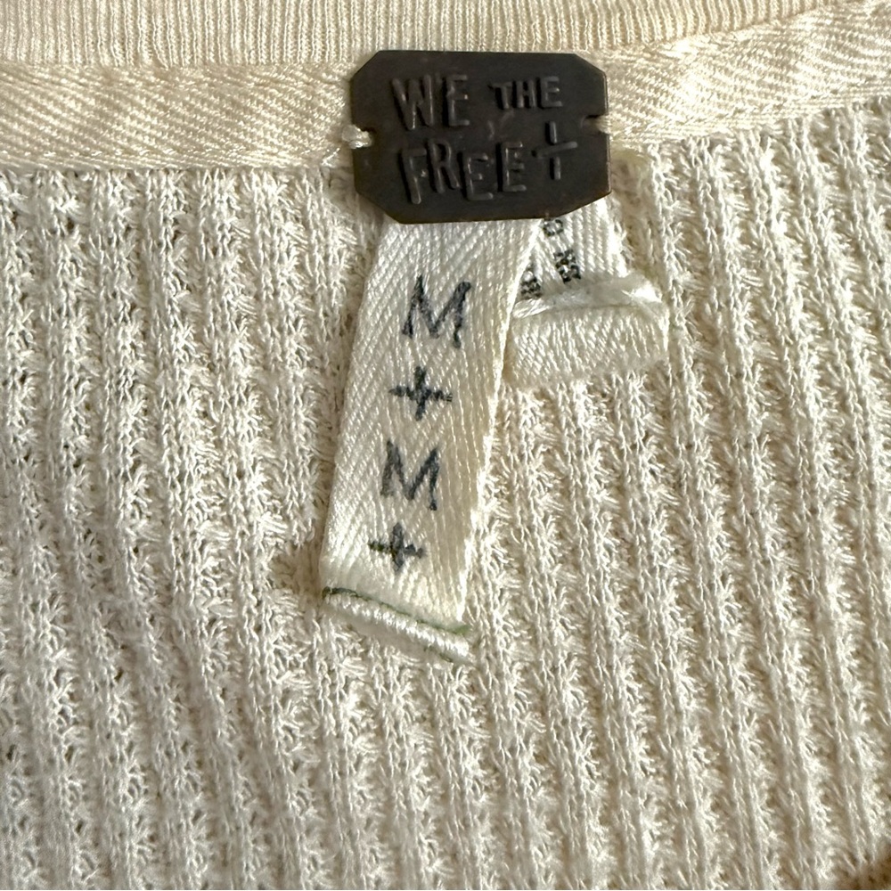 Free People Diamond Dozen Waffle Knit Scoop Neck Long Sleeve Cream Top | Medium - Picture 3 of 4